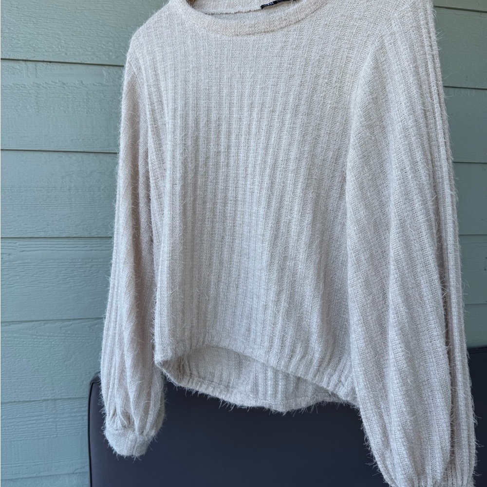 NWOT Zara Cream Ribbed Women's Sweater Cuffed Sleeve - Picture 3 of 8
